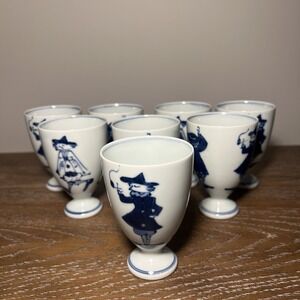 Chinese Blue And White Kraak‎ Dutchmen Porcelain Pedestal Saki Cups Set Of 8